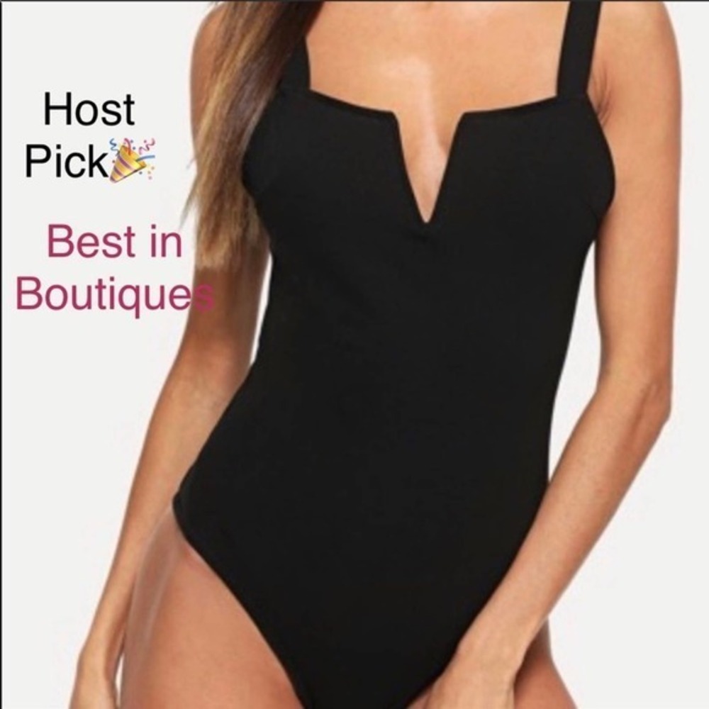 Bodysuit V Cut Form Fitting Black Medium